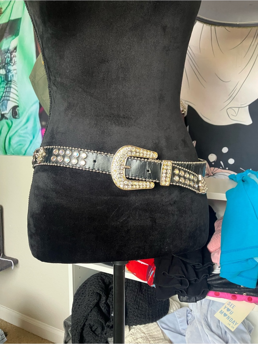 & Other Stories Black Leather Belt with Rhinestone Gold-Tone Buckle